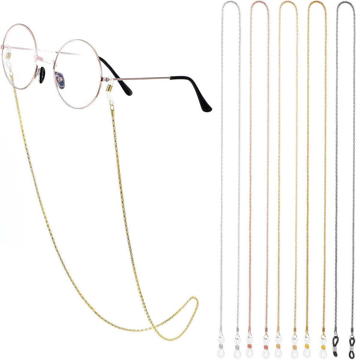 5 stuks ijzeren brillenketting voor heren en dames - waterdicht en elegant Elegante brillenband voor zonnebril en leesbril met siliconen antislip ringen - diverse kleuren