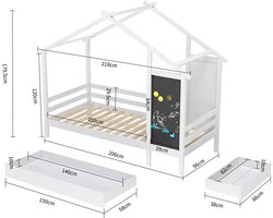 BellissiBo® Peuterbed - Kinder Bed - Kinderbedden 90x200 - Huisstijl - Schoolbord - Opberglades - Hek – Grenenhout – 90x200