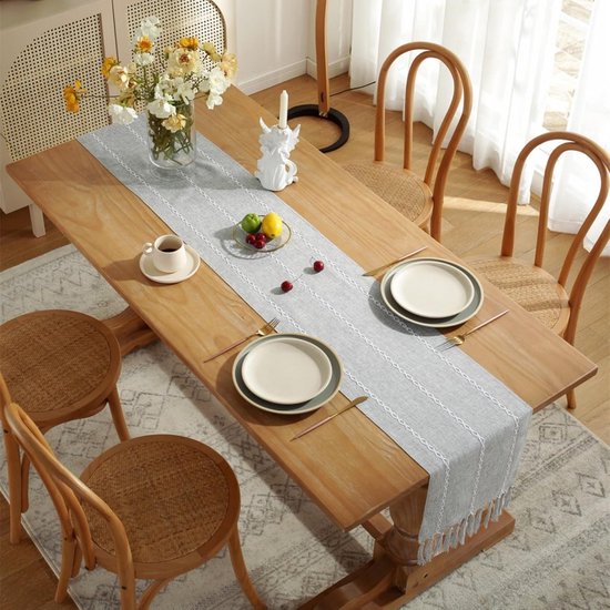 Luxe Tafelloper Met Kwastjes 33x180 Cm Bordeauxrood - Dubbellaags Damast