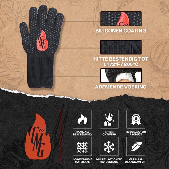 Grill Master Gloves BBQ Handschoenen Hittebestendig tot 800°C - Ovenhandschoenen - Ovenwanten - Barbecue Handschoenen - Papa Cadeau Voor Mannen - Vaderdag – Aramid - 2 stuks
