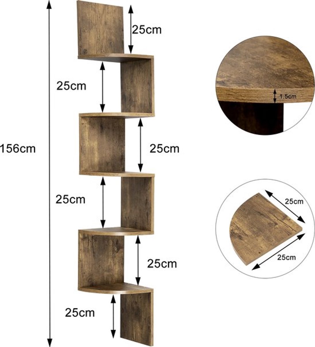 Gran VidaÂ® - Hoekplank met 5 Niveaus - Stijlvol - Modern Zigzagontwerp - Voor Decoratie & Opslag - Eenvoudige Montage - Zwart