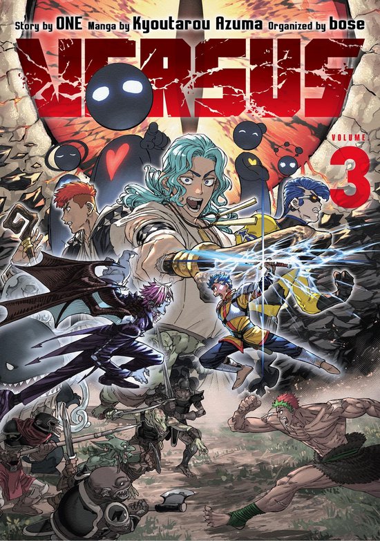 Versus 3 manga kaft met anime-personages in actie, met rode en grijze accenten.