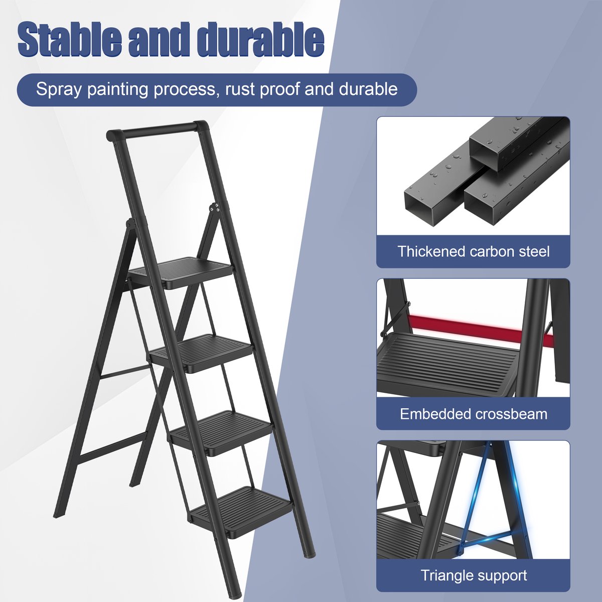 NAIZY Trapladder 4 Treden Inklapbare Ladder Vouwladder, Huishoudladder, Opstapje met Leuningen & 30x20cm Brede Treeplank tot 250KG Belastbaar, Zwart – foto 4