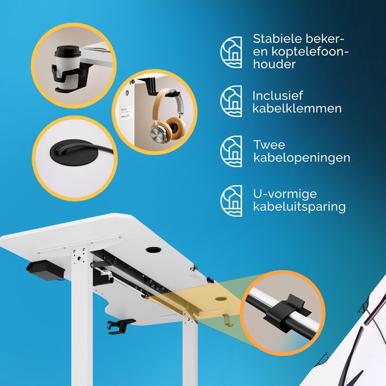 Gedetailleerde afbeelding van een bureau met bekerhouder, kabelclips, kabelopeningen en een U-vormige kabeluitsparing.