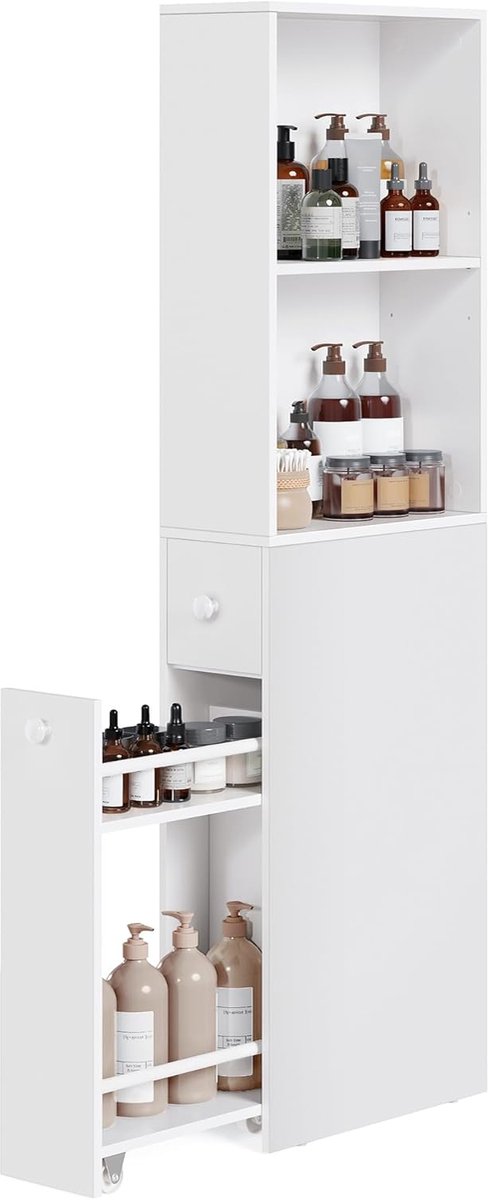 VASAGLE Groot badkamermeubel, smal badkamermeubel, vrijstaand smal opbergmeubel met laden en verstelbare plank, voor kleine ruimtes, moderne stijl, klassiek wit