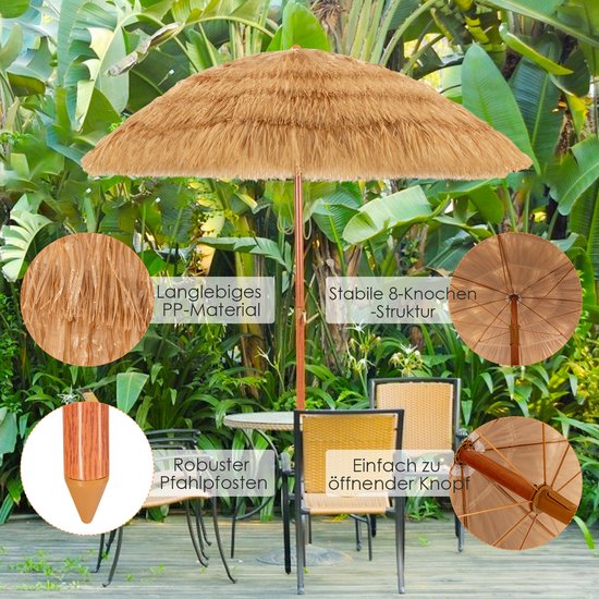 Strooien parasol met een houten paal, details van de structuur en de openingsknop.