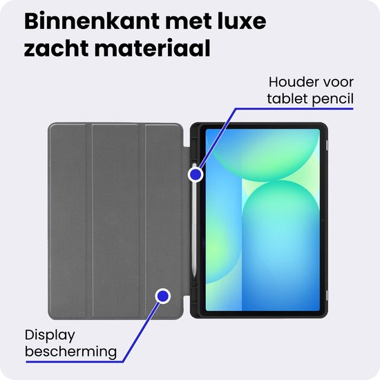 Zwarte tablethoes met zachte binnenkant en houder voor tablet pencil. Biedt display bescherming.