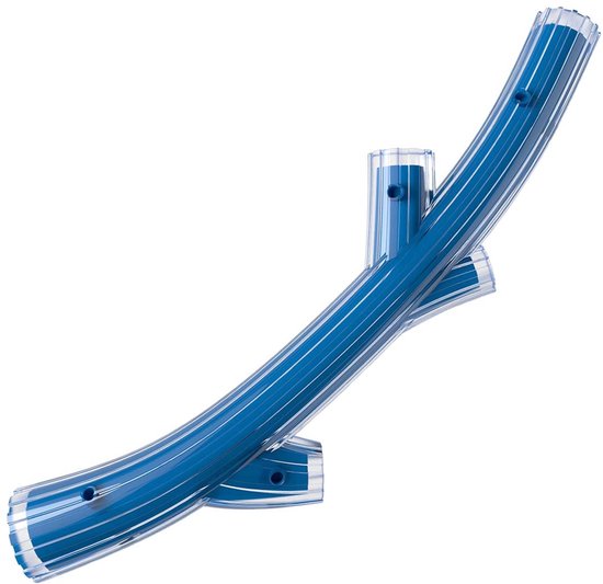 Blauw en transparant TPR apporteerspeeltje met ribbels en uitsteeksels voor grip.