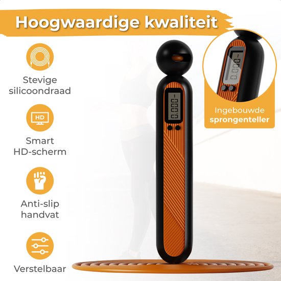 Oranje springtouw met digitale teller, met tekst over duurzaam koord en anti-slip handvat.