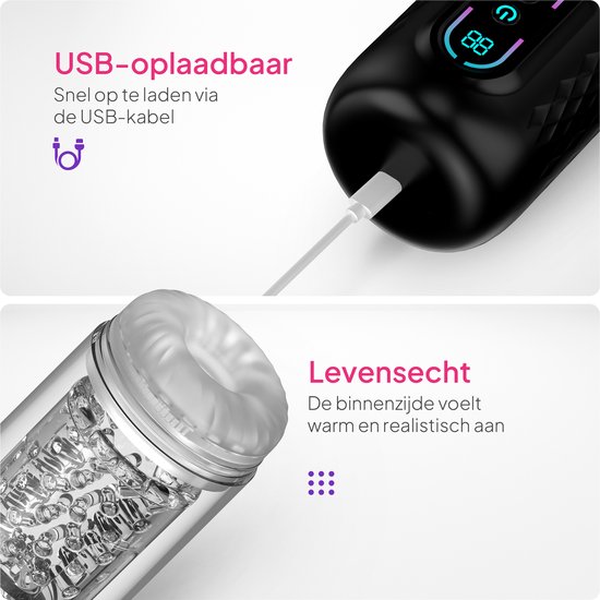 Bovenste deel van zwarte masturbator wordt opgeladen via USB. Onderste deel toont realistische textuur binnenin.