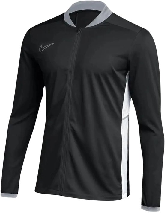 Zwarte Nike trainingsjas met rits, grijze kraag en manchetten, en witte zijpanelen. Zilveren Nike logo op de linkerborst.