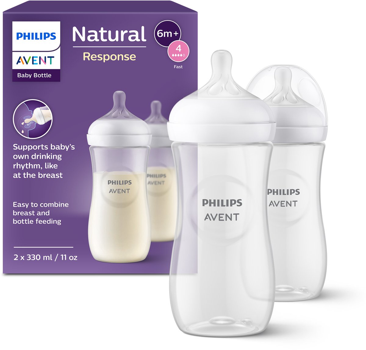 Goedkoopste Philips Avent Natural Response Babyflessen 330ml – Flow 4- 2 flessen - SCY906/02