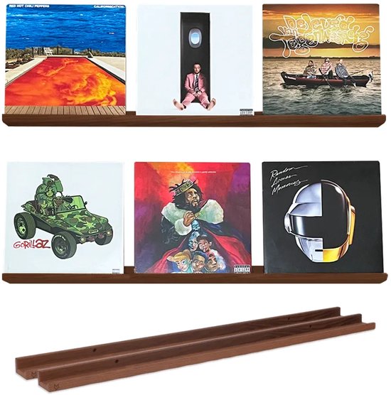VinylCrafts - Dubbele LP Wandplank - Walnoten wandplank 2x - 99 cm - LPs aan de muur - LP opbergsysteem aan de muur - Zeer geschikt voor foto's