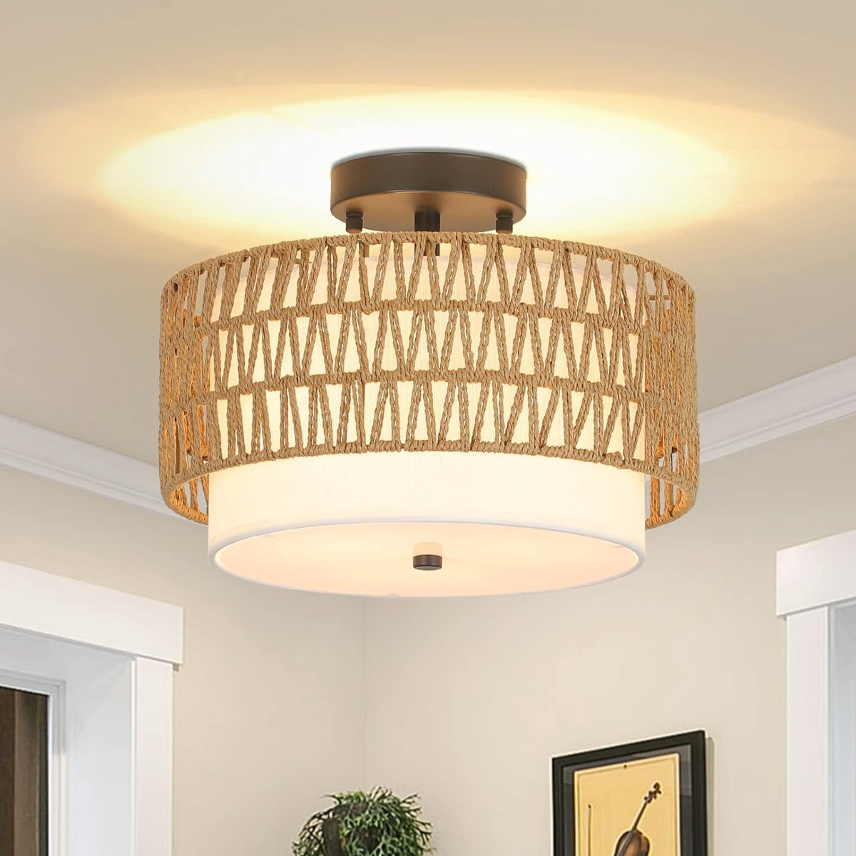 Vintage Boho Plafondlamp met Rotan en Linnen - Semi-Inbouw en Rustieke Stijl voor Woonkame