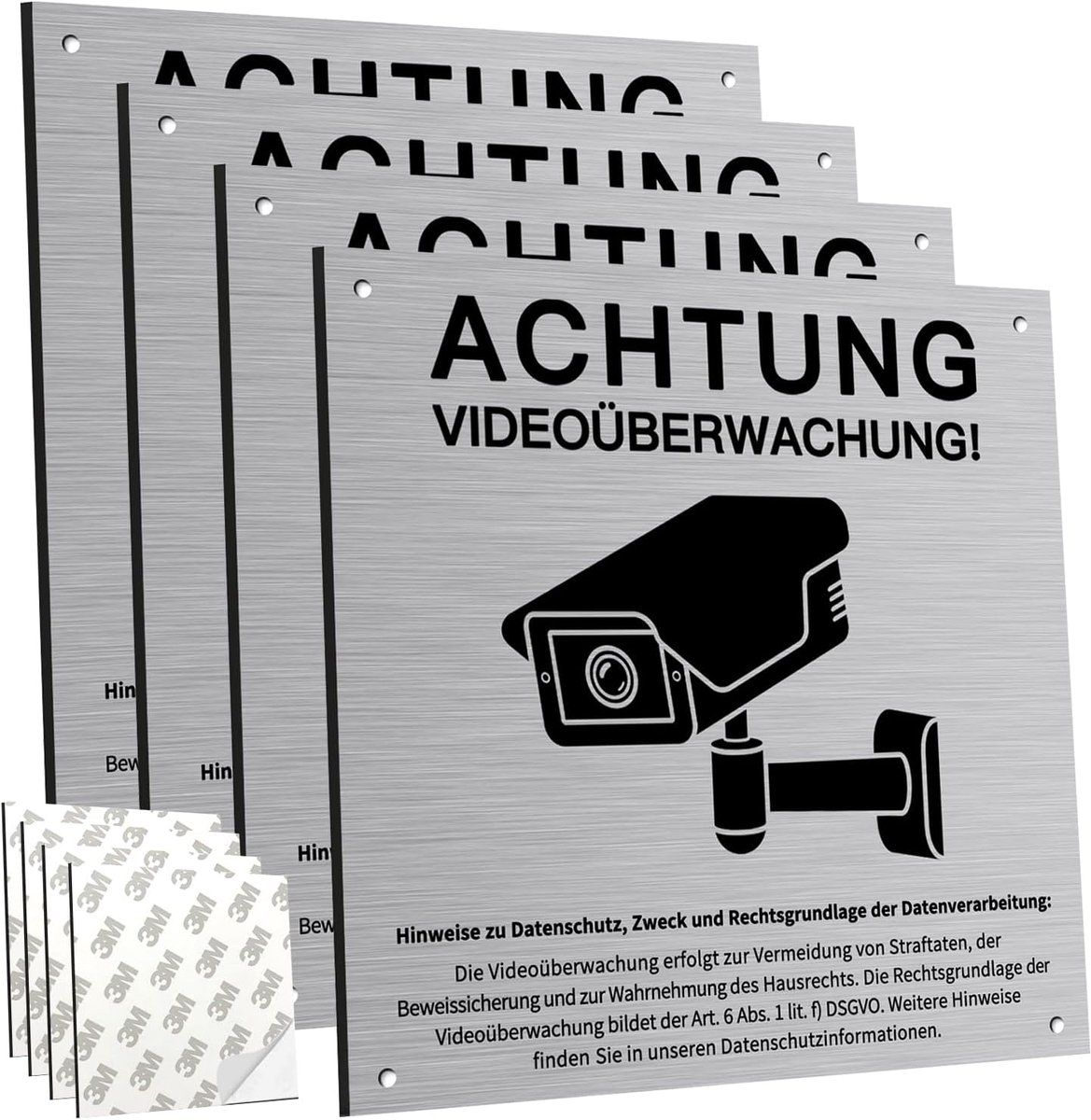 4 stuks videobewaking bord met DSGVO-opmerking - 15 x 15 cm aluminium waarschuwingsborden