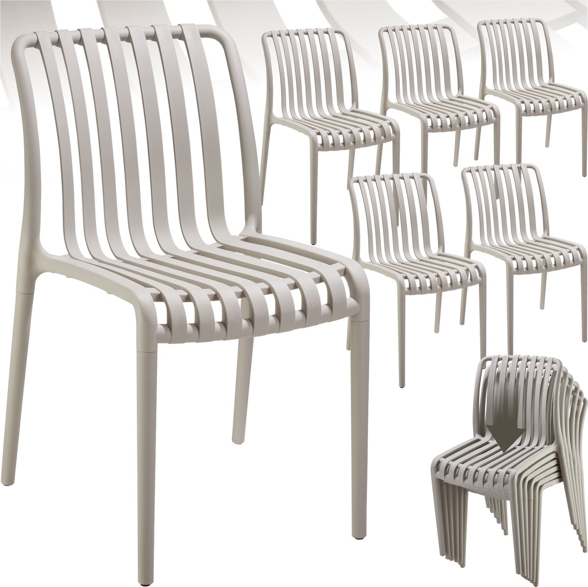 tectake® Set van 6 Tuinstoelen Alcudia - Taupe - Kunststof Stoelen - Stapelbaar - Stoelen voor Tuin, Terras of Balkon - Weerbestendig en UV-bestendig - Draagkracht 120kg per Tuinstoel