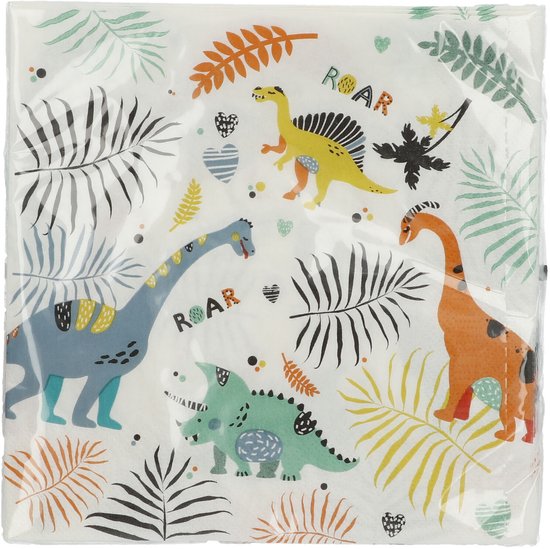 Witte servetten met dinosaurusprint: oranje, geel, blauw en groen, omringd door bladeren.