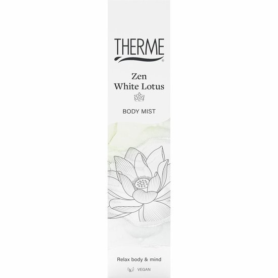 Doosje met THERME Zen White Lotus Body Mist, lotusbloemillustratie en tekst 'Relax body & mind'.