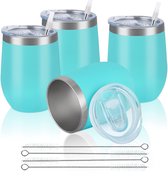 Boraboi® Set de 4 élégants verres à vin incassables en acier inoxydable avec couvercles et Pailles, Design bleu glacier