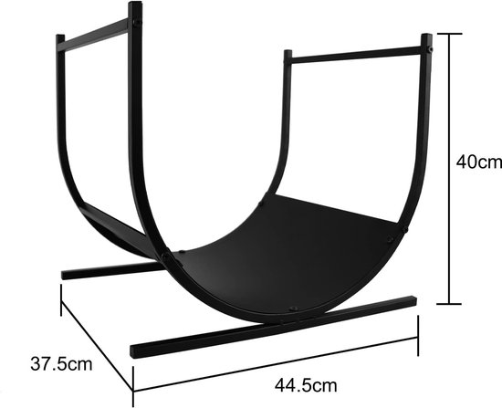 Zwarte metalen U-vormige brandhoutmand, 44.5cm x 37.5cm x 40cm.