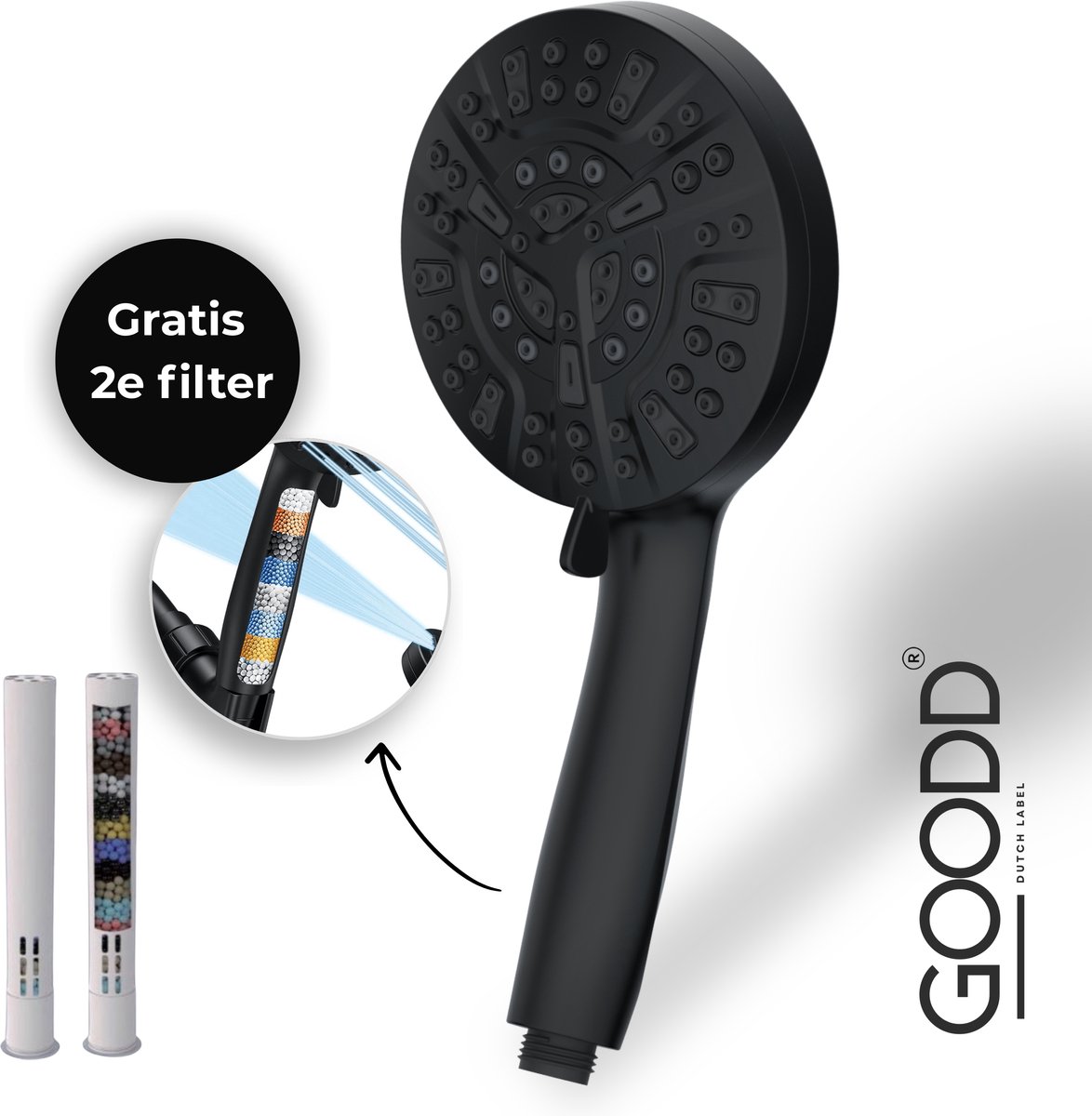 GOODD® - Douchekop - Handdouche - 2 Filters - Zwart - 10 Standen - Waterbesparend - Regendouche