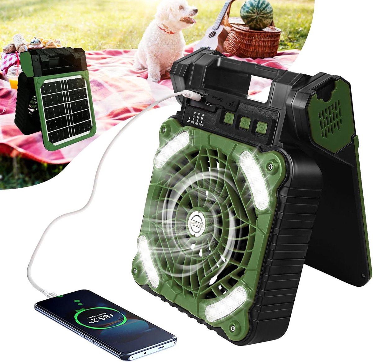 Campingventilator 4-in-1 met LED-zaklamp en USB-aansluiting - Perfect voor camping, kantoor en slaapkamer