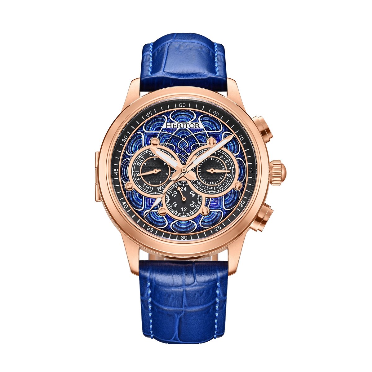Heritor Automatic Apostle horloge met leren band en dag--datumfunctie - roségoud-blauw