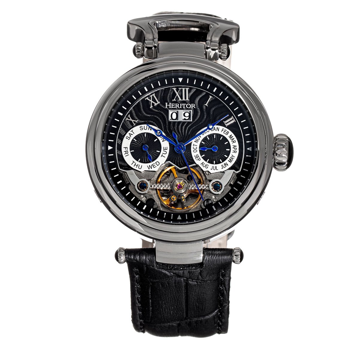 Heritor Automatic Ganzi Semi-Skelet Horloge met Leren Band - Zilver-Zwart