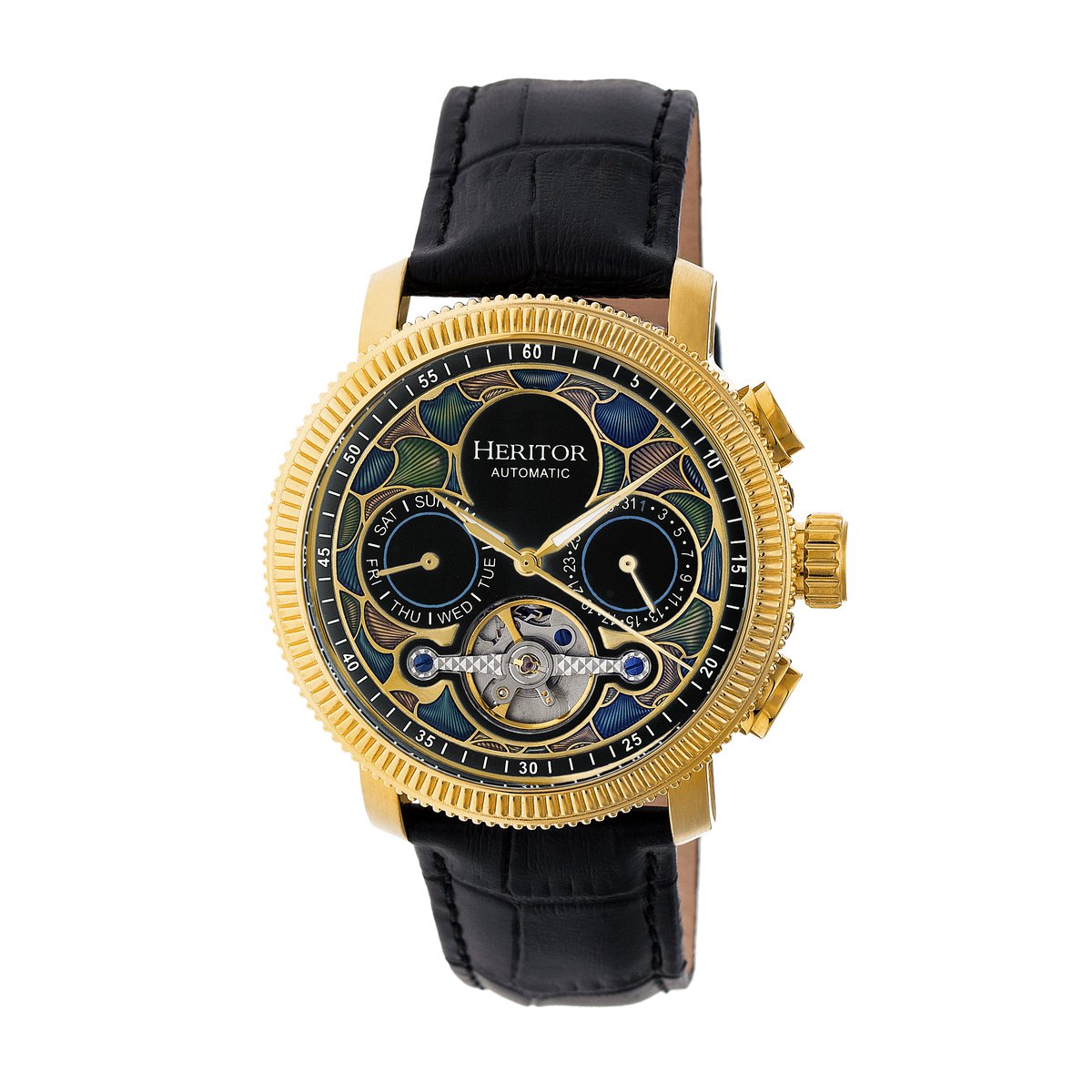 Heritor Automatic Aura Heren Semi-Skelet Lederen Band Horloge - Goud - Zwart