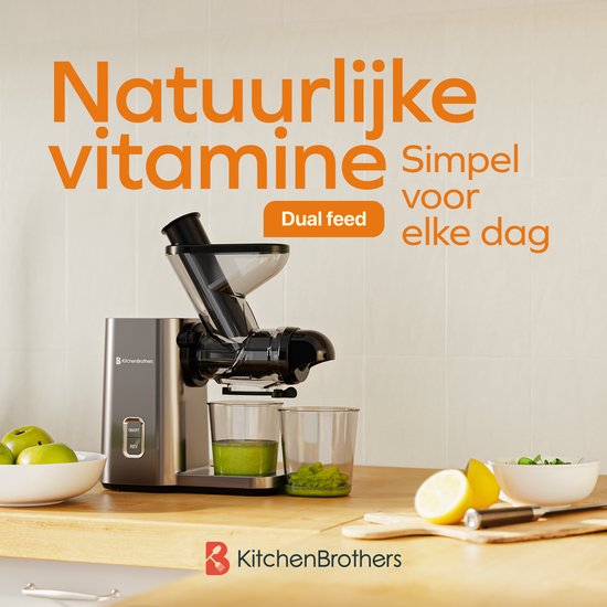 KitchenBrothers Slowjuicer - Mini Juicer - Groenten en Fruitpers - 40 mm en 50 mm invoer - 400 ml - Grijs van KitchenBrothers — afbeelding 2