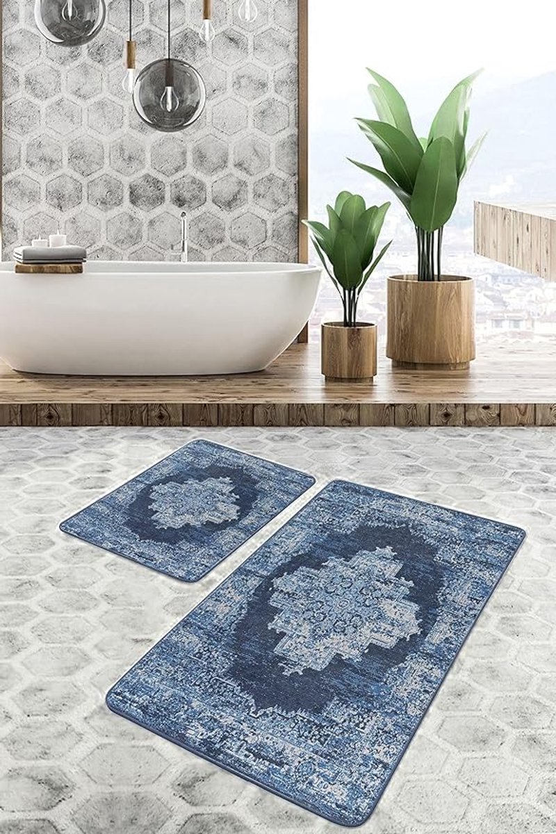 De Groen Home Badmat antislip 2 stuk set - 60x100 en 50x60 - VINTAGE COLLECTIE - Wc mat - Toiletmat - Douchemat - Badmatten
