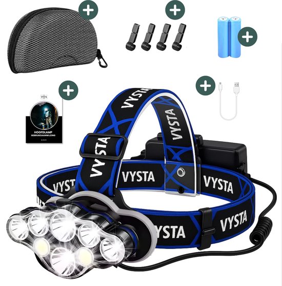 Vysta Oplaadbare Hoofdlamp – Noodpakket - LED Hoofdlamp met 8 Modi – Militaire Hoofdlamp – 18.000 Lumen – Inclusief Hardcase Opbergdoos – Noodverlichting – 500 Meter Bereik – Waterdicht en 90° Verstelbaar