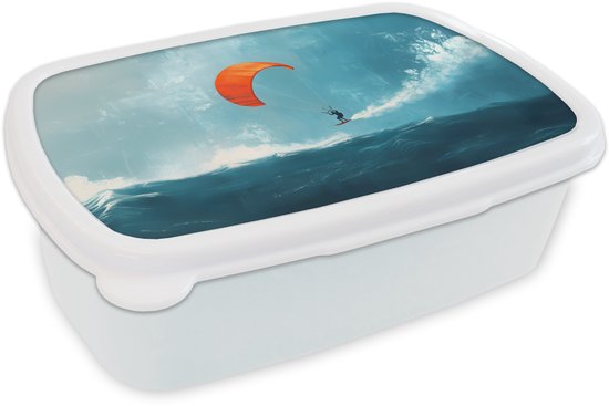 Broodtrommel Wit - Lunchbox Kitesurfer - Oranje - Zee - Lucht - Brooddoos 18x12x6 cm - Brood lunch box - Broodtrommels voor kinderen en volwassenen