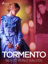 Een vrouw in een blauwe Victoriaanse jurk met ruches en strikken. 'TORMENTO BENITO PÉREZ GALDÓS' staat onderaan.