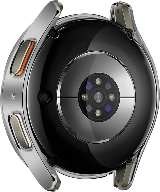 Zilverkleurig hoesje met open zijkanten, smartwatch achterkant met sensoren.