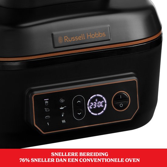 Zwarte Russell Hobbs multicooker met digitaal display, die 76% sneller bereidt dan een conventionele oven.