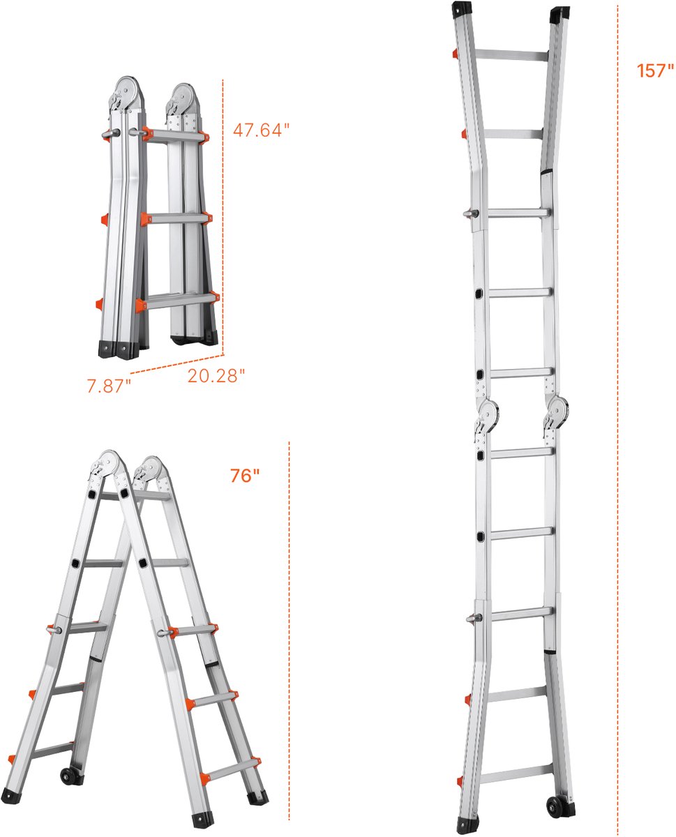 9.5 Ft Telescopische Ladder Met A-Frame, Compacte Aluminium Uitschuifbare Ladder, Multifunctionele Opvouwbare Camperladder voor Thuis, Trappen, Binnen/Buiten, 150 Kg Draagvermogen, Zilver – foto 4