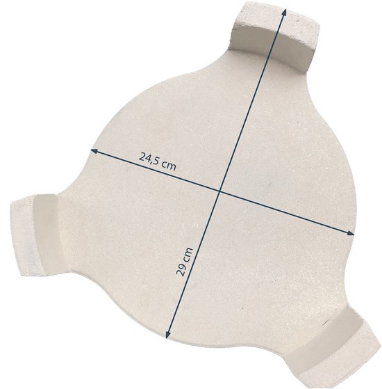 Wit keramisch hitteschild met drie uitsteeksels, met afmetingen 24,5 cm en 29 cm.