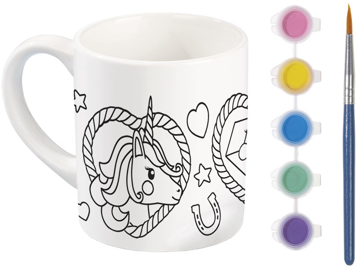Totum Unicorn inkleur mok beker beschilderen speelgoed meisjes - knutselset keramiek incl verfstrip en penseel - knutselen cadeau tip — afbeelding 3