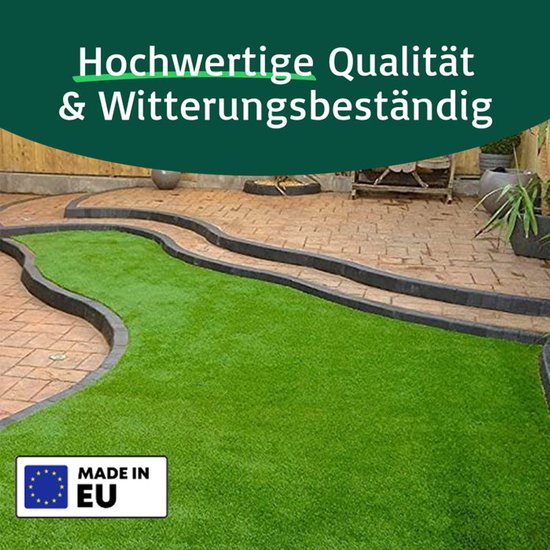 Aangelegde tuin met kunstgras en een betegeld terras. "Made in EU" logo. Groene balk met "Hochwertige Qualität & Witterungsbeständig".