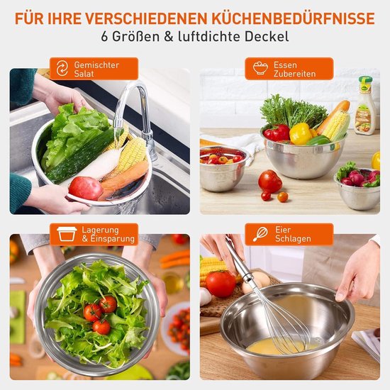 TEAMFAR Mengkommen, 7-delige set, roestvrij stalen kommenset, slakommenset met luchtdicht deksel en siliconen bodem, stapelbaar en vaatwasmachinebestendig, 0,7 l, 1,2 l, 1,5 l, 2,5 l, 2,8 l, 3,5 l