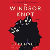 Boekomslag voor 'The Windsor Knot' met rode achtergrond en een zwarte profielschets van koningin Elizabeth, met diverse iconische voorwerpen zoals een telefoon en een vliegtuigje. Titel en auteur zichtbaar.