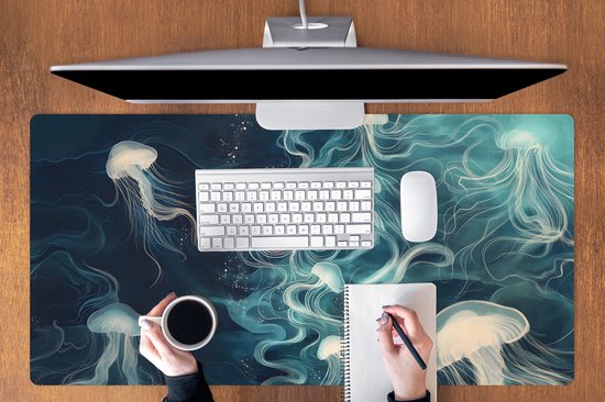 Muismat XXL 120x60 cm - Bureau onderlegger - Bureau mat Kwallen - Zee - Wit - Golven - Bureaumat - Gaming mousepad xl - Bureaulegger groot - Computer deskmat