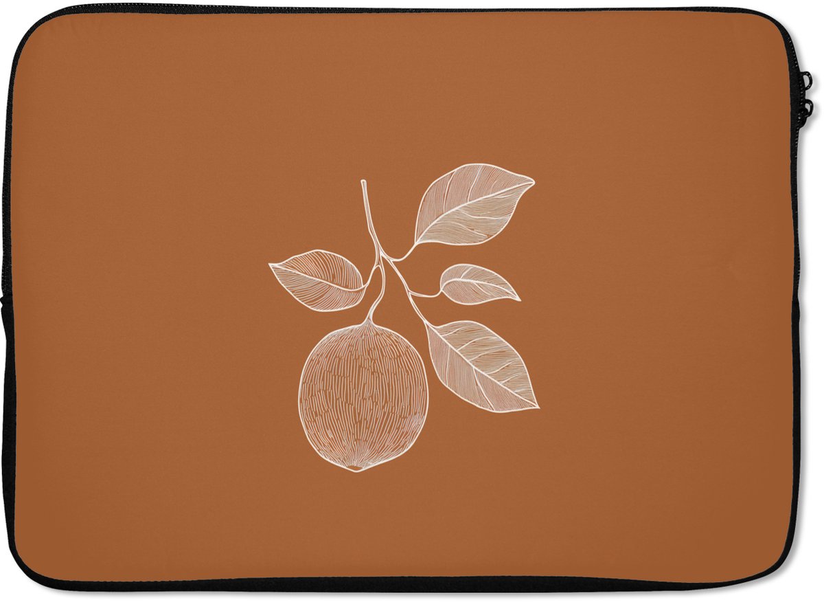 Laptophoes 14 inch - Sinaasappel - Getekend - Bladeren - Bruin - Laptop sleeve - Binnenmaat 33x23 cm - Zwarte achterkant