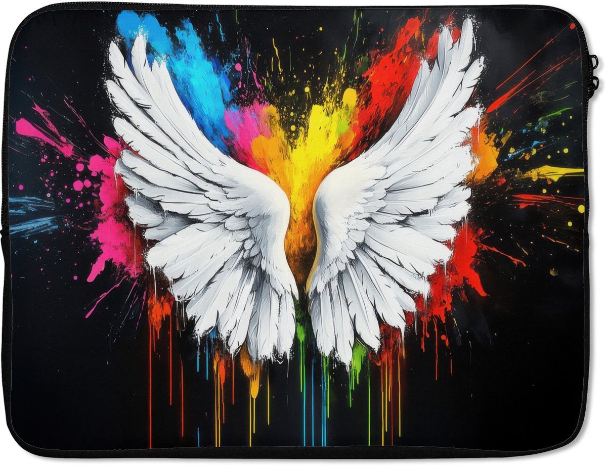Laptophoes 15.6 inch - Vleugels - Verfspatten - Kleurrijk - Laptop sleeve - Binnenmaat 37x26 cm - Zwarte achterkant