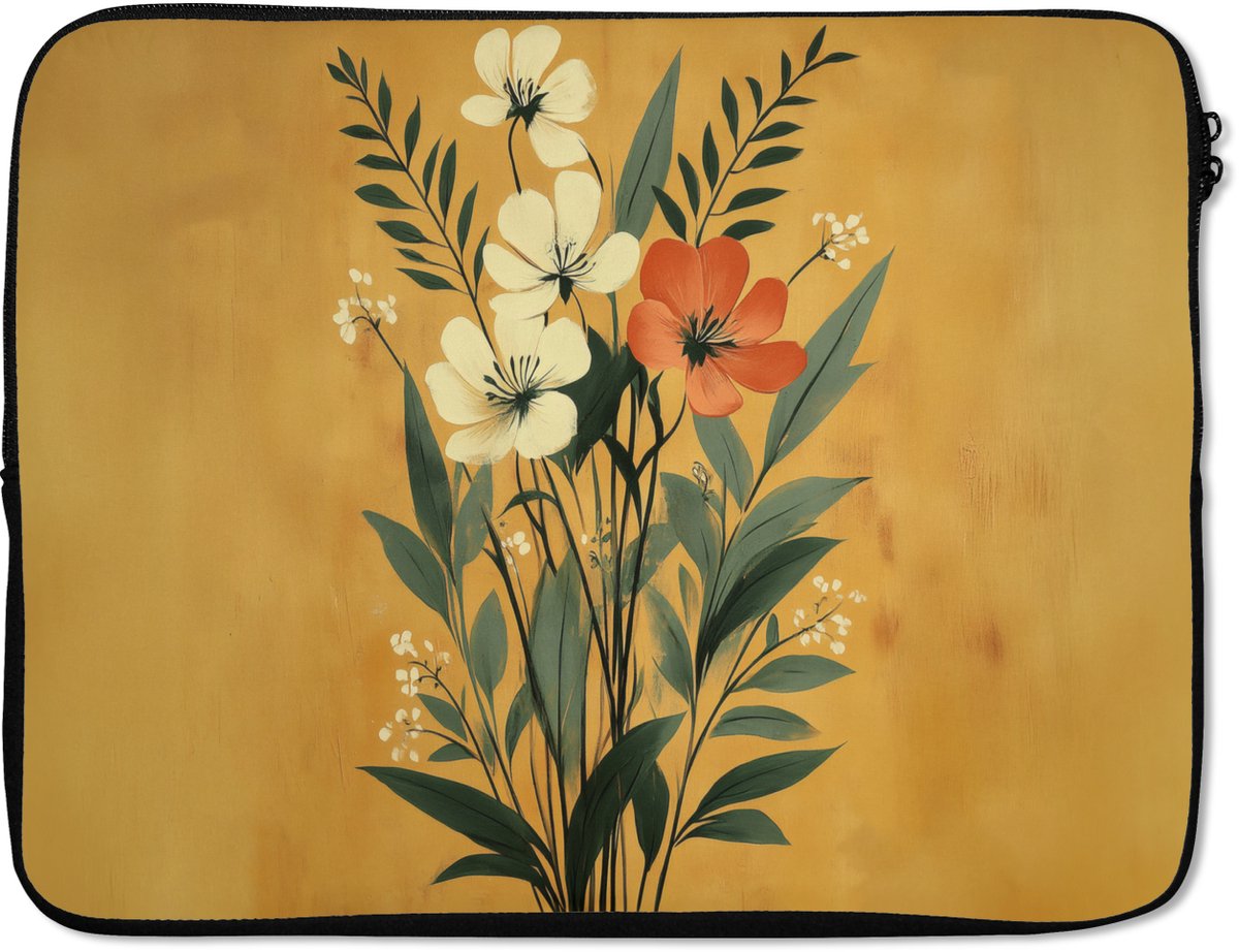 Laptophoes 17 inch - Bladeren - Boeket - Bloemen - Geel - Laptop sleeve - Binnenmaat 41x28 cm - Zwarte achterkant
