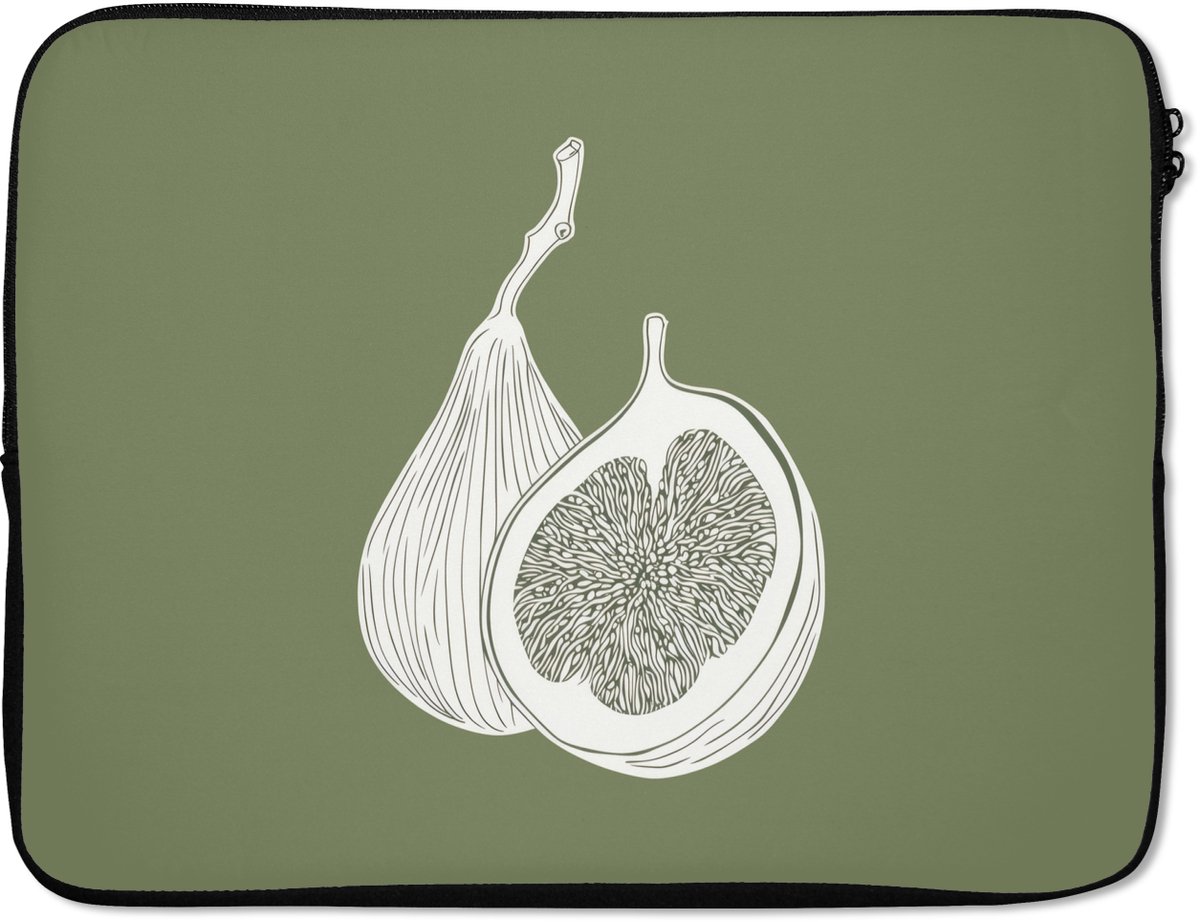 Laptophoes 15.6 inch - Vijgen - Minimalistisch - Getekend - Mosgroen - Laptop sleeve - Binnenmaat 37x26 cm - Zwarte achterkant