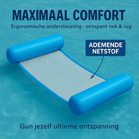 Lichtblauwe waterhangmat met ademende netstof voor maximale comfort en ontspanning.