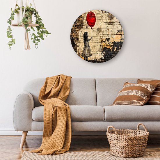 Meisje met rode ballon - Ballon muurdecoratie rond - Ronde wandprint kind - Street Art - Aluminium muurdecoratie rond - Schilderijen landelijke sfeer - muurcirkel aluminium 90x90 cm