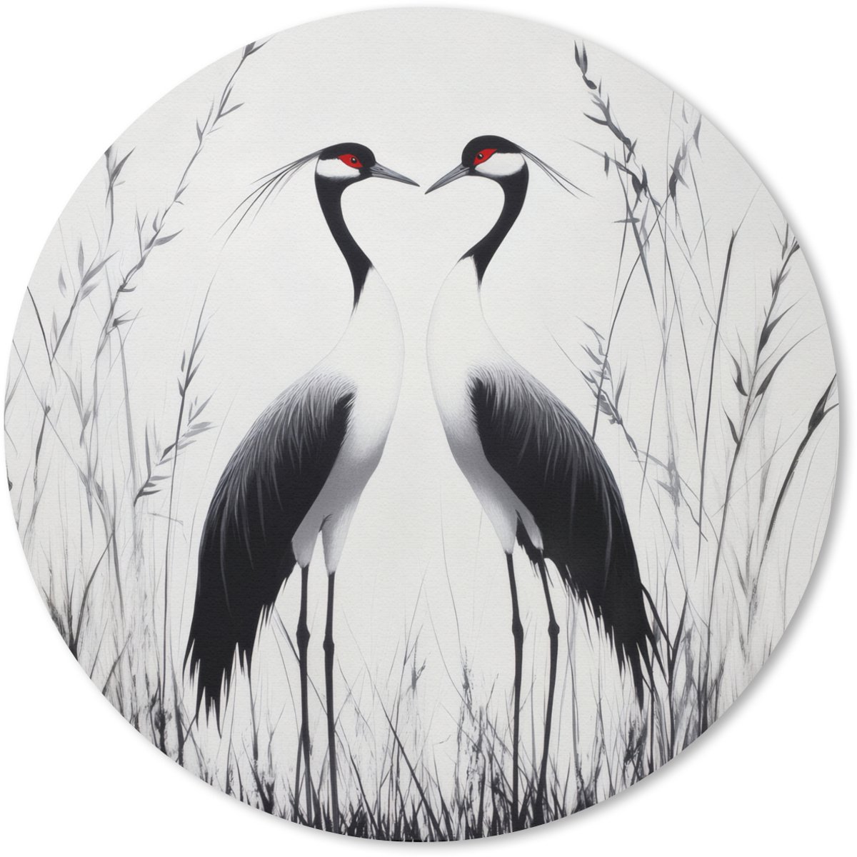 Muismat rond 30x30 cm - Mousepad Kraanvogels - Gras - Hartvorm - Zwart - Ronde muismatten